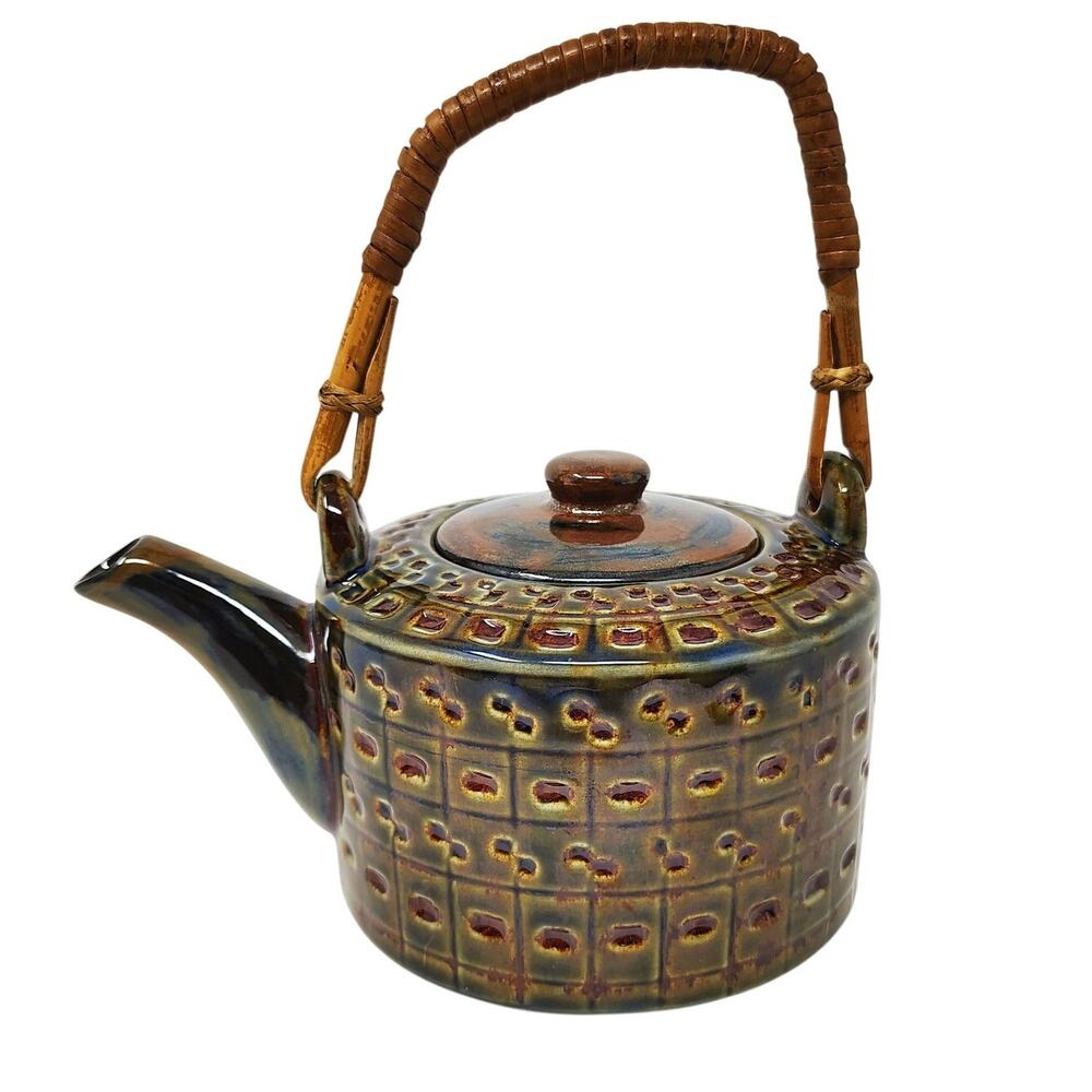 Pier 1 Imports Tenmokuyu Stoneware Teapot Tea Set Bamboo Japanese - Picture 2 of 14